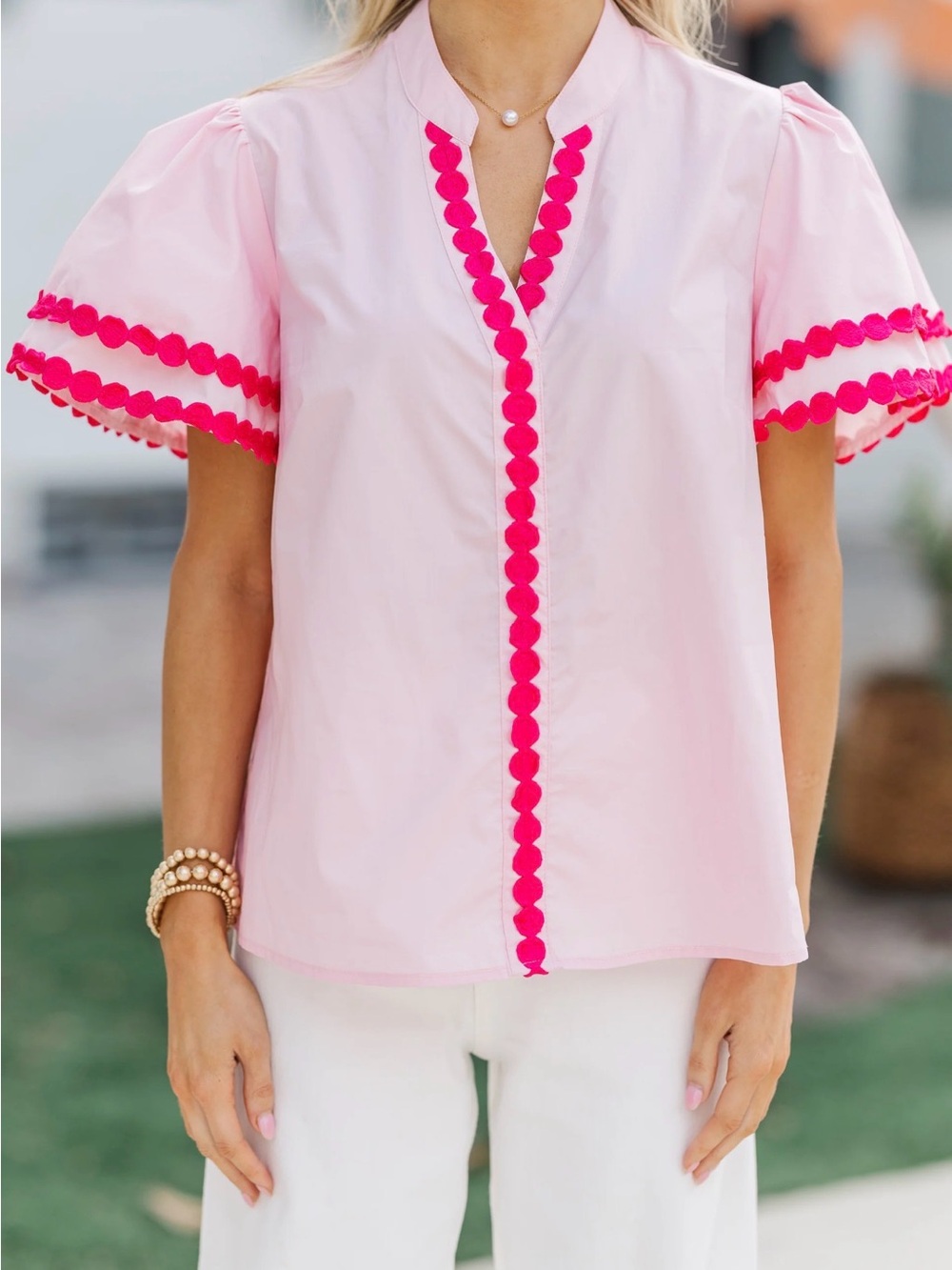 Women’s Pink Short Sleeve Blouse with Hot Pink Trim - Picture 2 of 3